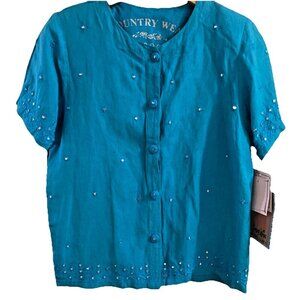 Vintage 90s Embellished Linen Blend Top Women's S Blue Sequins Fairy Artsy NOS